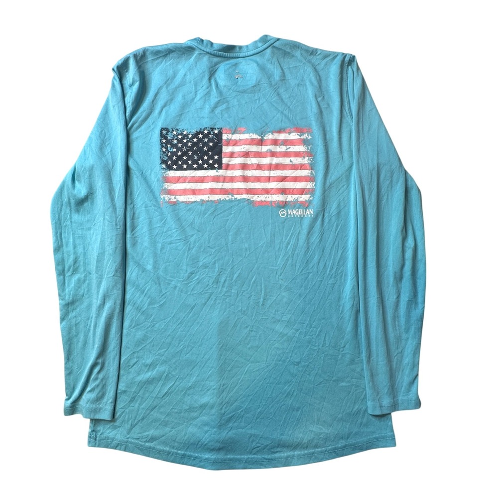 Magellan Fishing Shirt Womens M Blue American Flag Caddo Lake Boyfriend Fit Long